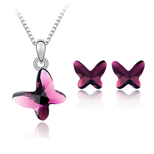 Collier et boucles d'oreilles papillon mat violet